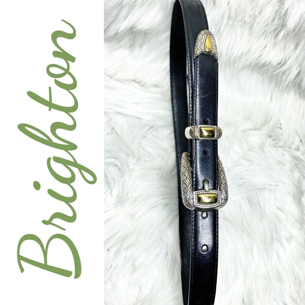 Brighton Black Leather‎ Belt Silver Gold Coastal Cowgirl Western Size 30 Medium